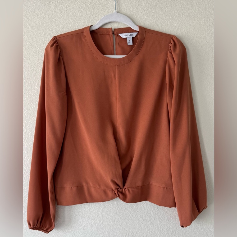 Nine West Rust Orange Long Sleeve Semi Sheer Tie Front Blouse - Picture 11 of 11